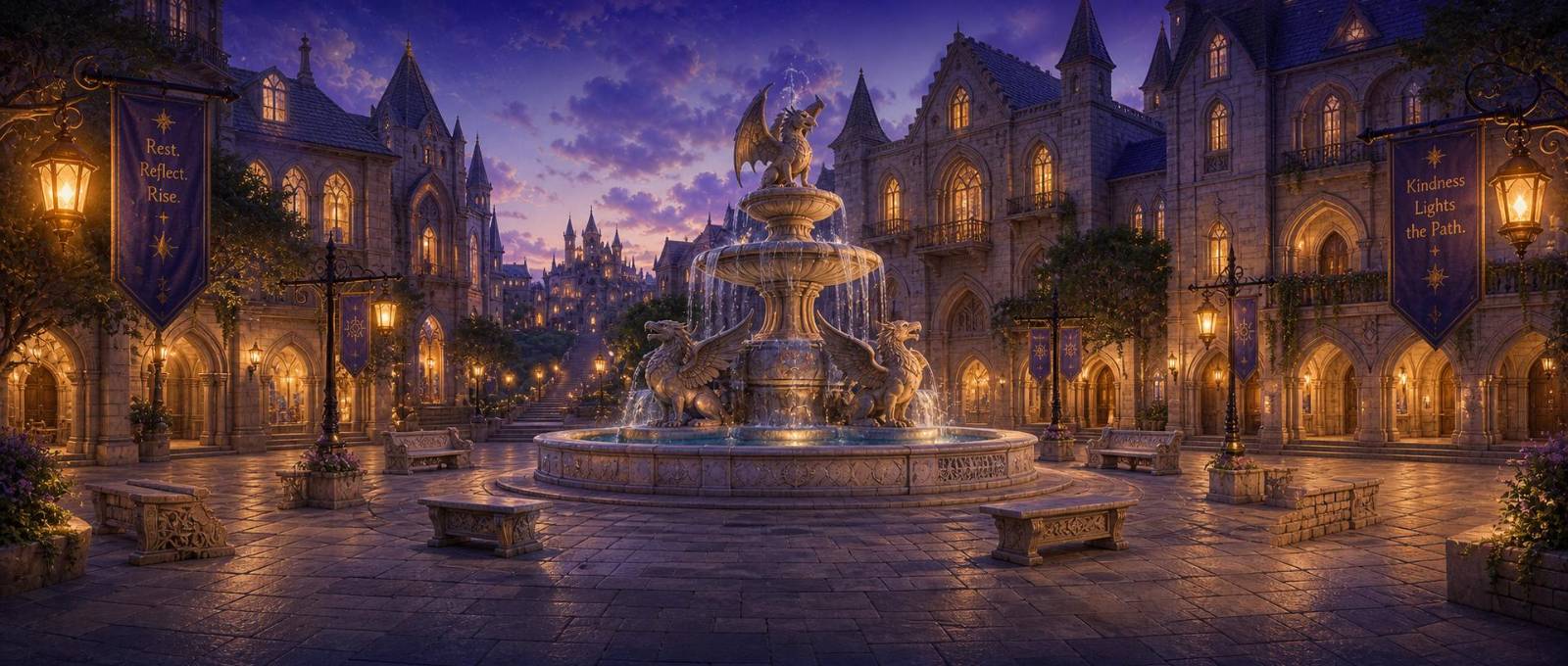 A fantasy town square used as Insomnia MUD room artwork