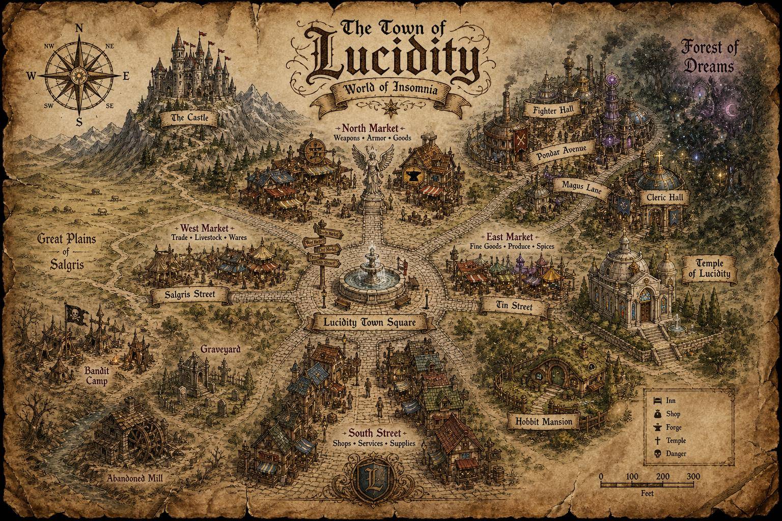 Hand-drawn parchment map of Lucidity